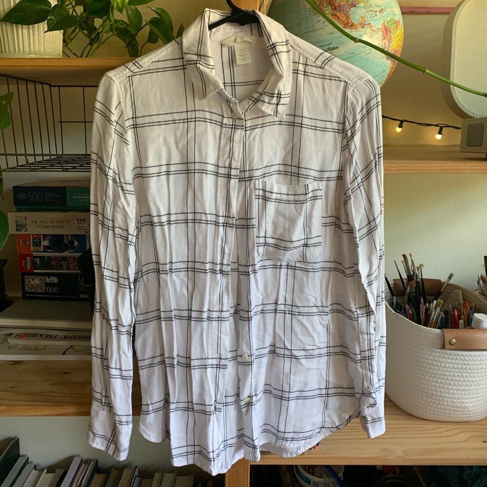 White, Black checkered, Long sleeve, Button up, Top